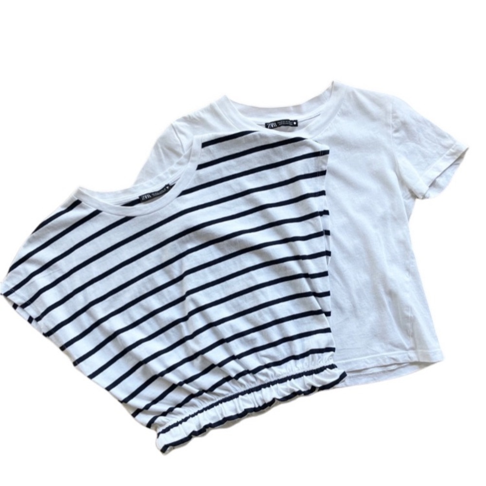 2 Zara Boxy Cropped T-shirt Tops 1st is Striped Small …2nd is White Extra Small